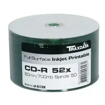 50pcs Cello Wrapped, Ritek/Traxdata CD-R 80MIN , 700MB CD-R 52x, Full Face Printable, 80min